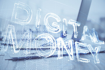 Multi exposure of blockchain and crypto economy theme hologram and table with computer background. Concept of bitcoin cryptocurrency.