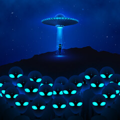 UFO with ray of light fly in night sky and group angry aliens with green eyes. alien invasion. Sci-fi concept. Vector illustration © Ihor
