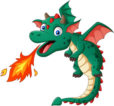 Cartoon green dragon posing with fire. Vector illustration