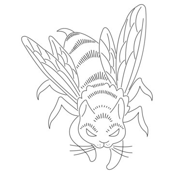 Cat bee spider in one guise. Minimalism style. Concept collage, caricature. The design is suitable for modern decor, paintings, a mascot, icon, tattoo, banner, print on a t-shirt. Isolated vector