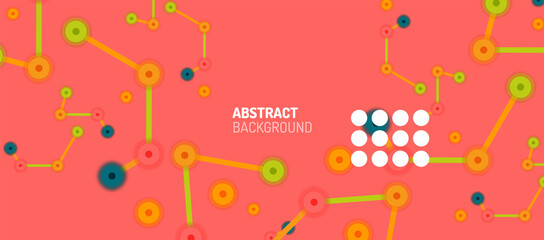 Flat style geometric abstract background, round dots or circle connections on color background. Technology network concept.