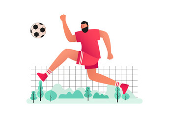 The player jumps and kicks the ball. Attacking player of the football team in equipment. Vector illustration of a football player in the game