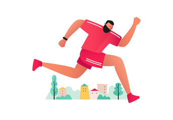Running sports man dressed in a tracksuit.  Summer runner in the fresh air. Physical activity. Vector flat illustrations in the style of comics
