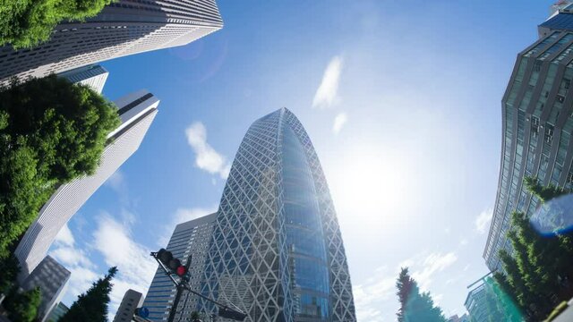 東京　新宿　タイムラプス　高層ビル群　太陽フレア　