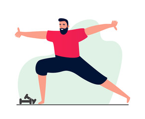 Fototapeta na wymiar A sporty man stands in a yoga pose in the gym in a t-shirt and leggings. Fitness stretching. Illustrations in the style of comics about a healthy and active lifestyle
