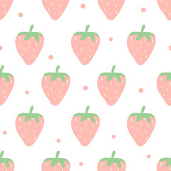 Strawberry hand drawn seamless pattern on white background.