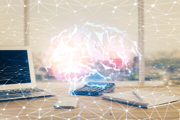 Obraz premium Multi exposure of work space with computer and human brain hologram. Brainstorm concept.