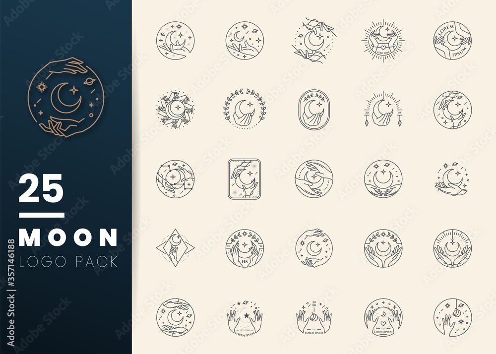 Wall mural moon and woman hands in various gestures. modern minimal linear template logos or emblems. abstract 