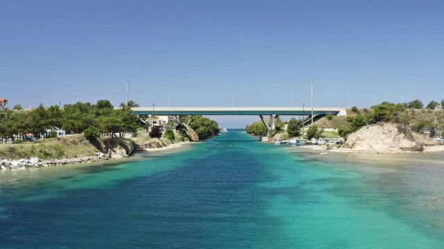 Drone footage of Nea Potidea canal, which connects Toroneos Bay with the Gulf of Thermaikos. Greece, Kassandra, Halkidiki