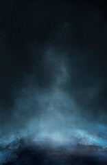 Empty futuristic dramatic scene. Abstract dark landscape, street. Neon light fluid element. Night view, neon blue light. Fantasy background. 3D illustration