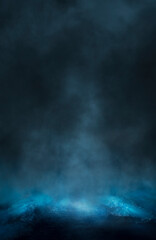 Empty futuristic dramatic scene. Abstract dark landscape, street. Neon light fluid element. Night view, neon blue light. Fantasy background. 3D illustration