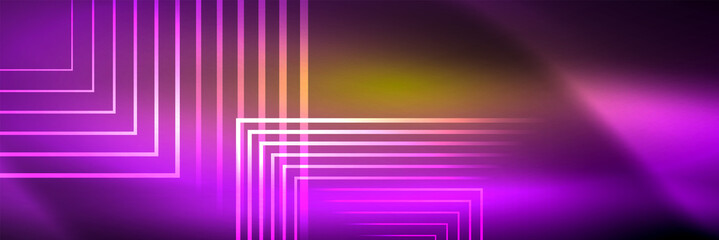 Shiny neon glowing techno lines, hi-tech futuristic abstract background template with square shapes