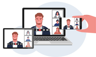 Group of people video conference application with device technology  vector flat design illustration.