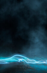 Empty futuristic dramatic scene. Abstract dark landscape, street. Neon light fluid element. Night view, neon blue light. Fantasy background. 3D illustration