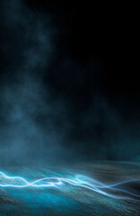 Empty futuristic dramatic scene. Abstract dark landscape, street. Neon light fluid element. Night view, neon blue light. Fantasy background. 3D illustration