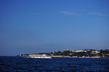 Istanbul city and The Hagia Sophia Mosque, blue sky and sea