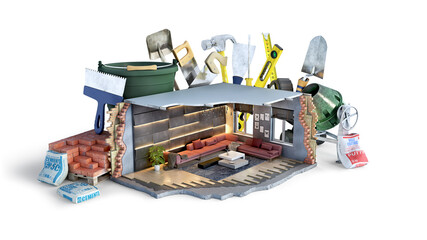 Concept of ripped out part of room in front of working tools, 3d illsutration