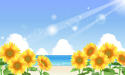 夏の風景イラスト 虹が架かった海とひまわり 縦向き Wall Mural Fuwari