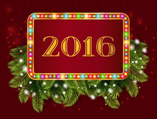 Happy new year 2016 light frame with christmas decorations, and garland. Fir tree background Vector illustration.