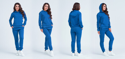 The beautiful girl in a blue sports suit with a hood. Front view, side view, rear view. Sweatshirt...