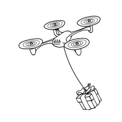 postal drone with festive gift box, modern air digital  machine for fast delivering & surveillance, vector illustration with black contour lines isolated on a white background in a hand drawn style
