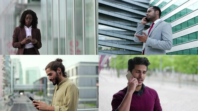 Office Workers And Entrepreneurs Walking Outdoors, Talking On Cellphone, Using Online App, Texting Message. Multiscreen Montage, Collage Portraits. Communication Concept