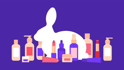 Cruelty free. White rabbit and a set of different cosmetics: lotion, lipstick, tonic, cream, serum, skin milk.The concept of care for animals, nature and cruelty free.