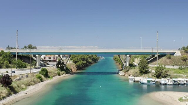 Drone footage of Nea Potidea canal, which connects Toroneos Bay with the Gulf of Thermaikos. Greece, Kassandra, Halkidiki
