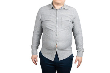 Close up of overweight man with a big belly isolated on white background.	