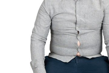 Close up of overweight man with a big belly on white background.	
