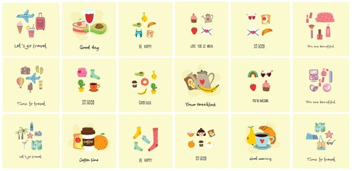 Set of travel, body care and food breakfast illustrations. Breakfast and travel ideas concept. Flat modern vector illustration.