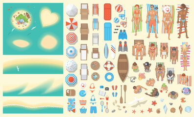 Vector set. Summer vacation. Beach, island, furniture, objects, people. (Top view) Men and women, young and old, different poses. (View from above) 