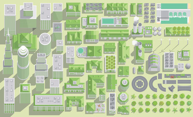 Set of landscape elements. Green city. (View from above) 
Skyscrapers, houses, buildings, road, solar panels, wind turbines, factories. (Top view)
