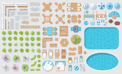 Set patios elements. Outdoor furniture. (top view) 
Fences, paths, trees, plants, tables, chairs, benches, sunbeds, umbrellas, swings, swimming pools. (view from above) 