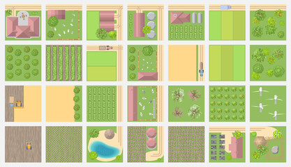 Set of landscape elements. Building blocks. Farm view from above. Roads, houses, buildings, fields, gardens and trees. (Top view) 