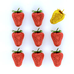 Out standing golden strawberry and metallic red strawberries.Fruit isolated on background with copy space. Minimal  idea food concept. 3D rendering.