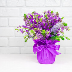Beautiful bouquet of lilac purple flowers in a vase on a white background. Mother's day. Greeting card. Place for an inscription.