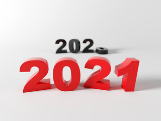 The new year 2021 in red glossy and the year 2020 lagged behind in black, conceptual 3d rendered image