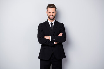 Obraz na płótnie Canvas Portrait of confident cool man worker feel like he big company owner cross hands wear formalwear outfit isolated over grey color background