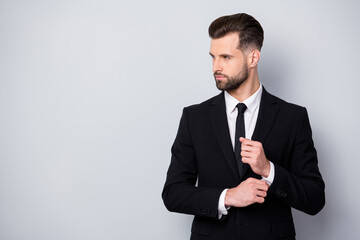 Profile side photo of charismatic serious worker man adjust cufflinks look copyspace prepare for...