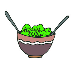 bowl with lettuce leaves, vegetarian. simple Doodle style vector illustration