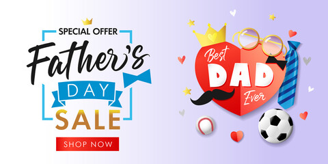 Happy Fathers Day Sale paper banner elements with crown, heart, mustache, blue necktie and glasses. Father day vector illustration for special offer promotion discount poster