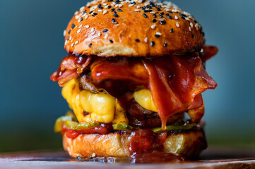 Close up tasty burger with minced meat served on tray