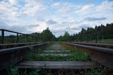 Fototapeta na wymiar An old Abandoned railway, overgrown with green grass.