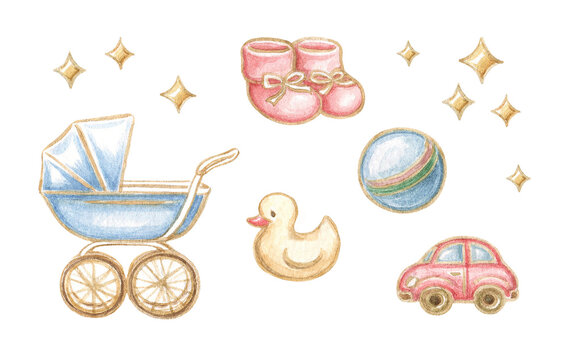 Cute children's set of elements for scrapbooking, stickers, design: stroller, toys, booties, stars. Watercolor illustration on a white background.