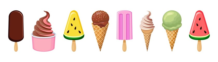 Different types of ice cream isolated on a white background. Modern flat style illustration. Summer dessert vector icons.