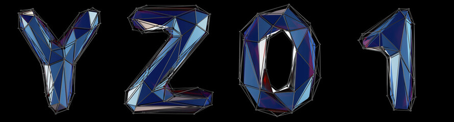 Realistic 3D set of letters Y, Z, 0, 1 made of low poly style. Collection symbols of low poly style blue color glass isolated on black background 3d