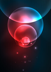 Glowing neon shiny transparent bubbles, glass circles or bio cell concept. Techno futuristic vector abstract background For Wallpaper, Banner, Background, Card, Book Illustration, landing page