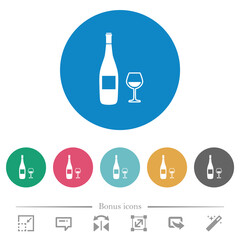 Wine bottle and glass flat round icons