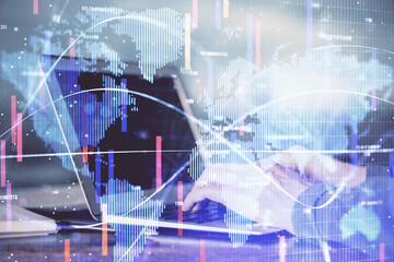 Multi exposure of businessman working on laptop on background. International business hologram in front. Concept of success.